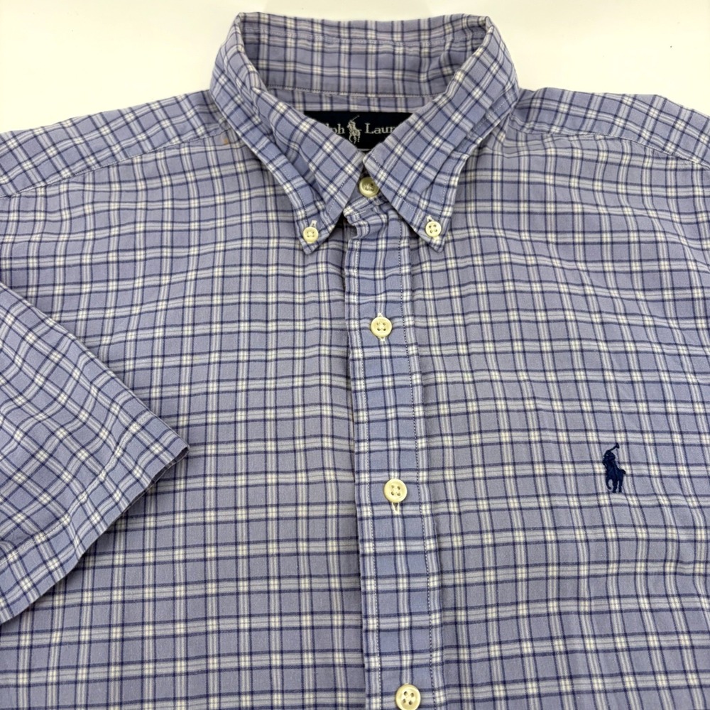 Ralph Lauren Blake Mens Large Blue Plaid Short Sleeve‎ Button Down Shirt Cotton
